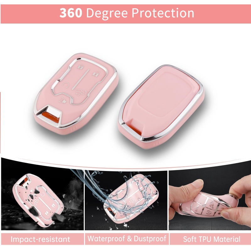 Pangpai Pink Key Fob Cover for Chevy GMC, Soft TPU Key Case Protection with Bling Keychain Fit for Silverado GMC Sierra 1500 2500HD 3500HD Terrain Acadia 5 Buttons - Image 3
